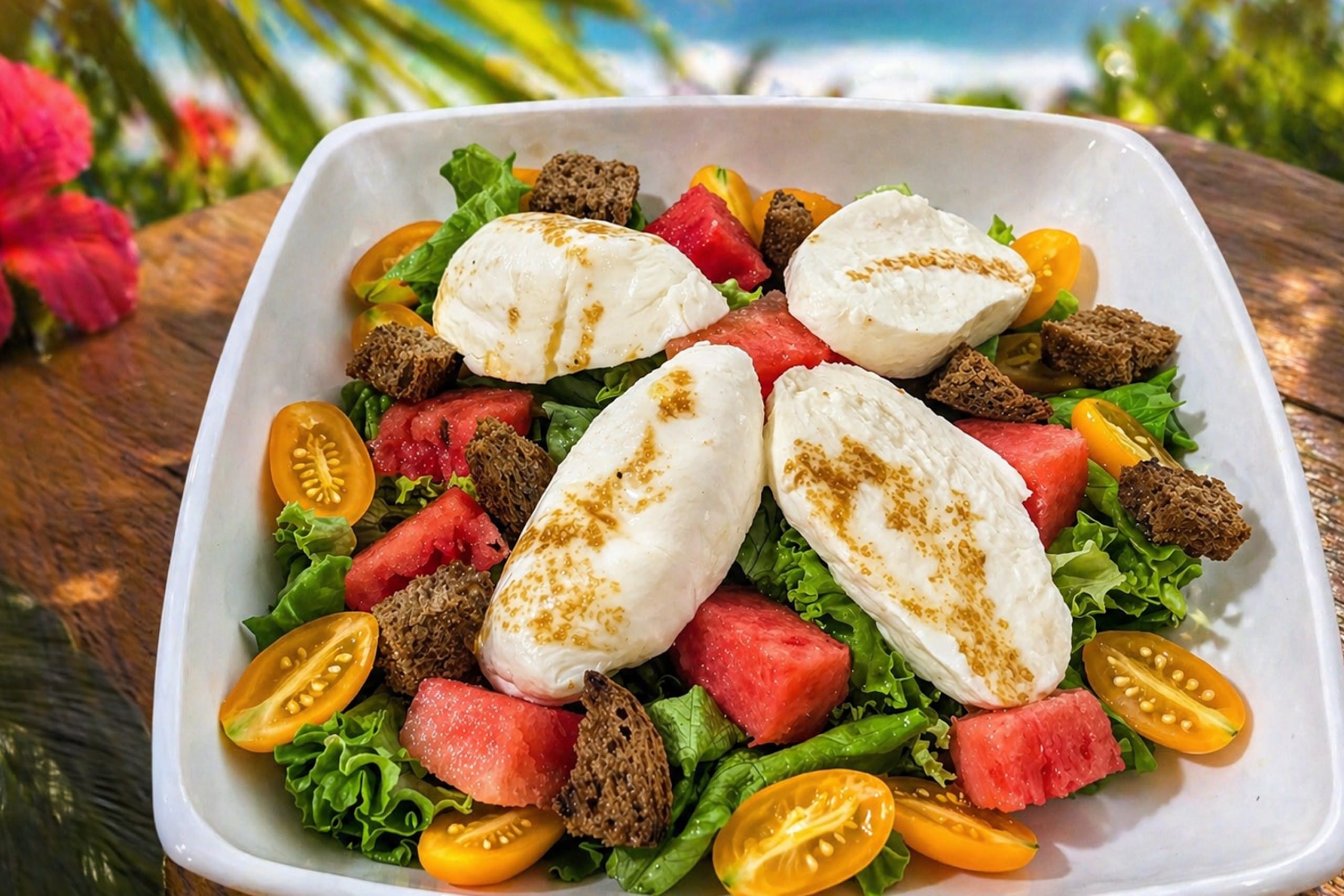 Recette salade de pastèque, mozarella et croutons